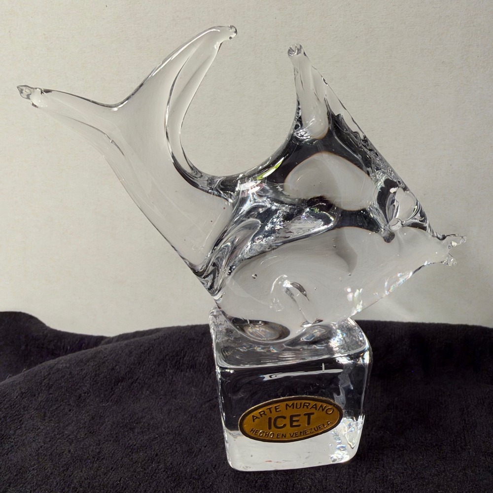 Arte Murano ICET Glass Fish Figurine Clear White Smoke Venezuela Art Glass 8"